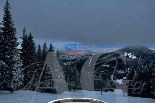 A snowy landscape with tall evergreen trees under a cloudy sky at dusk. In the foreground, there is a silver pendant shaped like ski goggles with a mountain and a Zia symbol engraved on it.