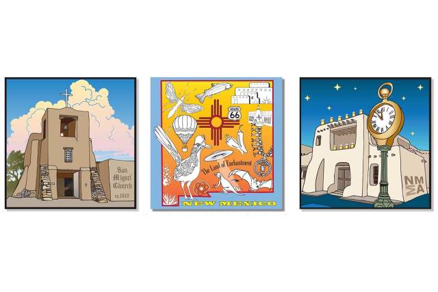 Three stylized stickers representing New Mexico landmarks.