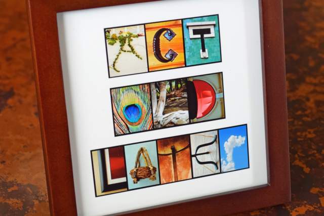 Words in different fonts and shapes that spell out "act old later" in a wooden frame on an abstract background.