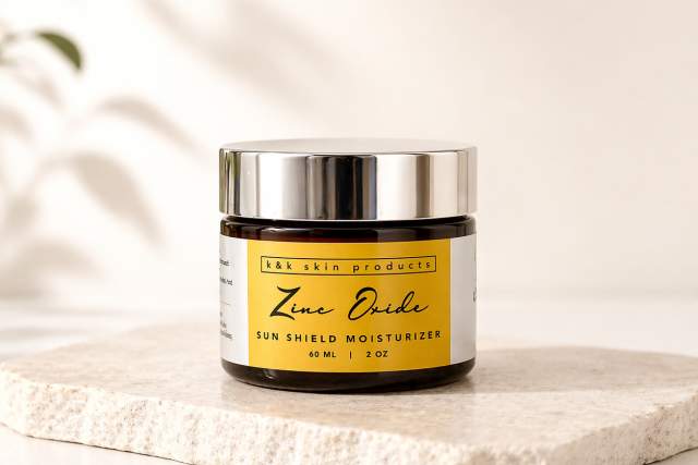 A jar labeled "K&K Skin Products Zinc Oxide Sun Shield Moisturizer" on a light stone surface. A plant with is in the soft-focus background.