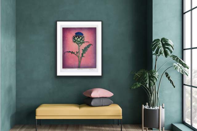 Interior view of a modern room with teal walls, featuring a framed botanical artwork of a flower above a yellow bench with pink and gray cushions. A plant in a black pot and a large window are on the right side.