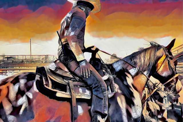 A stylized painting of a person riding a horse, set against a vibrant sunset sky. The individual wears a wide-brimmed cowboy hat and holds the reins. The horse is speckled with various colors, and there are other animals in the background.