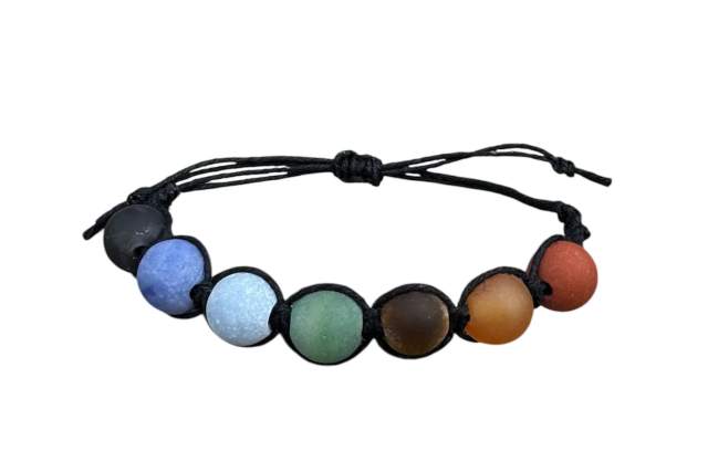 Adjustable bracelet featuring seven colorful beads, displayed on a white background.