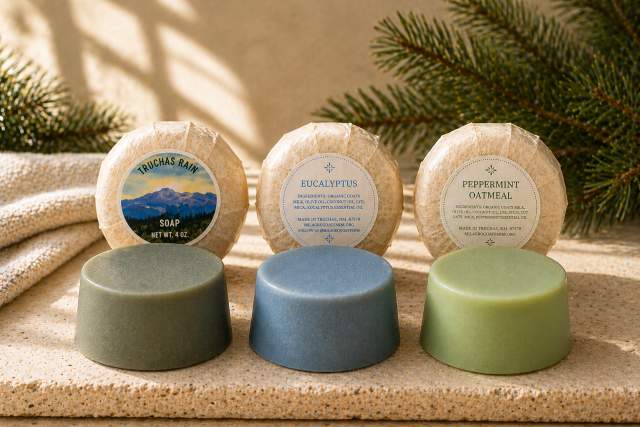Three bars of soap are displayed on a natural stone surface. From left to right, the labels read: "Truchas Rain," "Eucalyptus," and "Peppermint Oatmeal." The soaps are round, in shades of blue and green. Evergreen branches and a textured fabric are in the background.