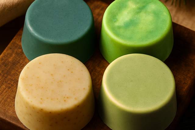 Four colorful bars of soap on a wooden surface, each featuring a different hue and texture.