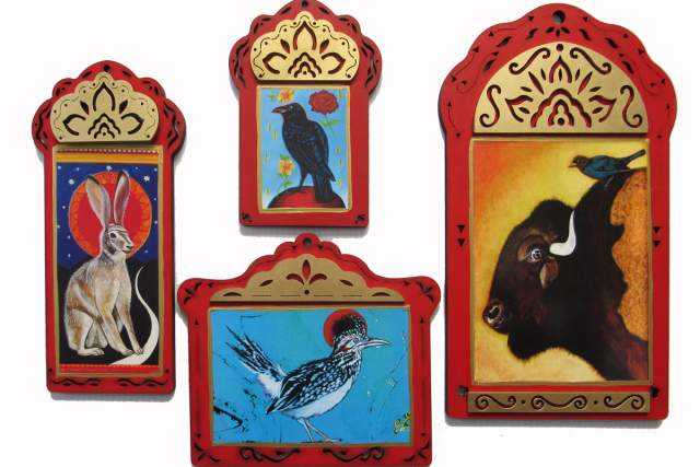 A series of four colorful, traditional Mexican Nicho art frames, each featuring different animal illustrations.