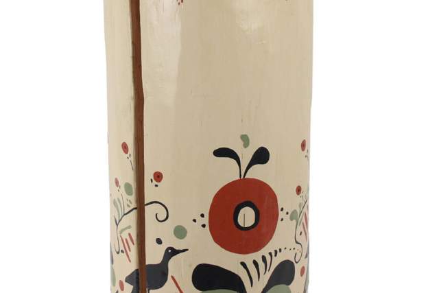 Hand-painted ceramic cylindrical side table with floral and bird motifs on a cream background.