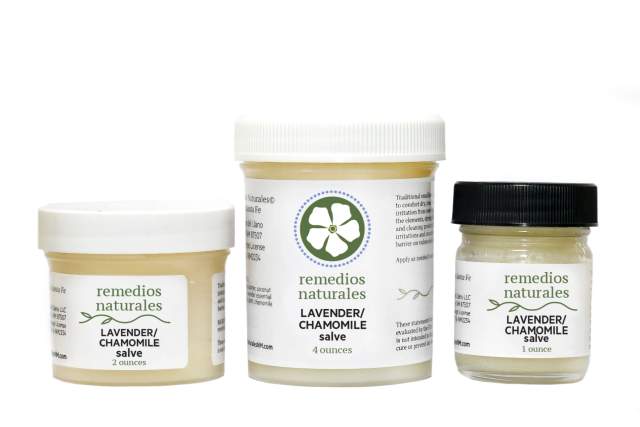 Three containers of "Remedios Naturales Lavender Chamomile Salve" in different sizes, lined up against a plain background.