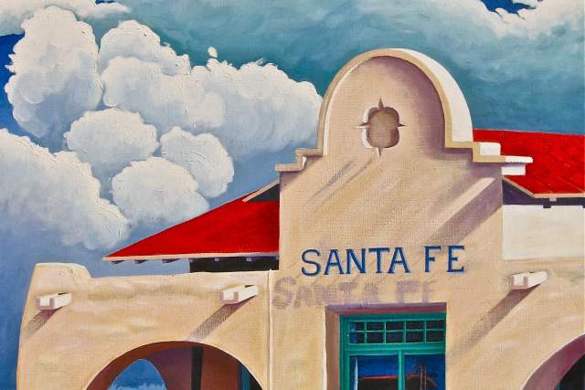A painting of a building with an arched entrance and red roof, labeled "Santa Fe." The sky is filled with large, fluffy clouds. Mountains are visible in the background.