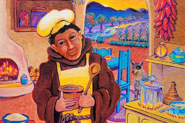 Artistic illustration depicting a chef in a traditional kitchen holding a cup, with colorful decor including hanging chili peppers and corn, and a scenic window view. A cat is also visible near a wood-fired stove.
