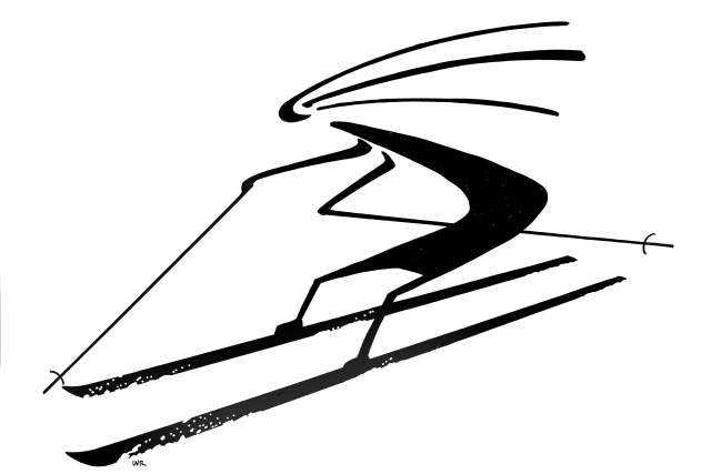 Abstract black and white illustration depicting a Kokopelli skier in motion, characterized by dynamic, sweeping lines and minimalistic style.
