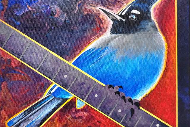 Vibrant painting by W. Rotsaert, featuring a blue jay perched with a dynamic, abstract background in shades of blue and orange.