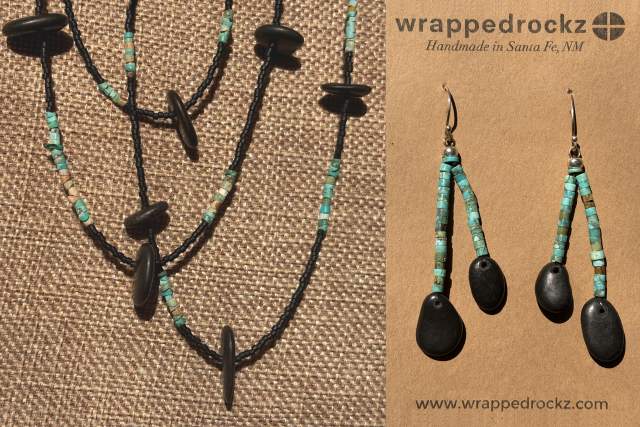 A necklace made of black wire wrapped around a product card from "Wrapped Rockz", displaying a set of turquoise teardrop earrings. The card includes the website "www.wrappedrockz.com".