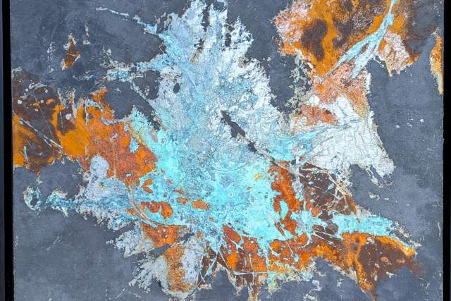 A vivid abstract painting featuring explosive blue and orange colors on a dark, textured background.