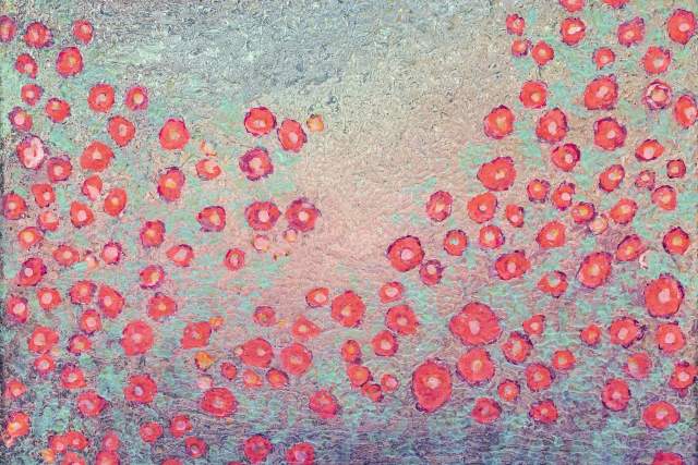 Abstract painting featuring a pattern of radiant red flowers against a textured blue and violet background.