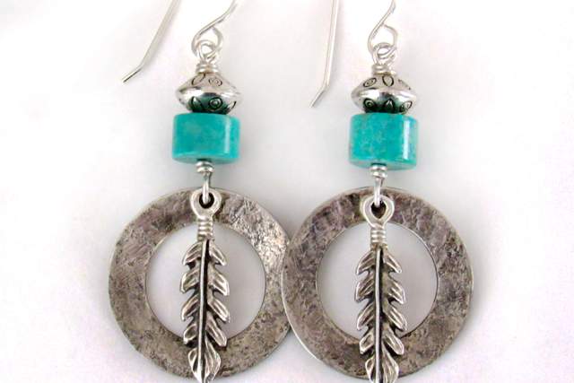 Sterling Silver Hoop Earrings with Turquoise and Feathers