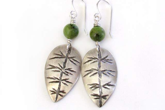 Sterling Silver Leaf Earrings with Green Jade Stones