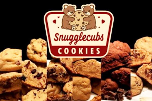 Logo of "Snugglecubs Cookies" with an illustration of two cartoon bears, surrounded by an assortment of cookies and cookie bars.