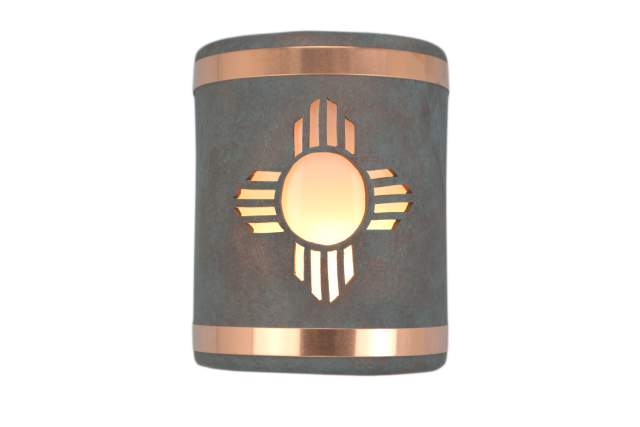 A Zia symbol wall sconce with a copper band and subtle lighting.