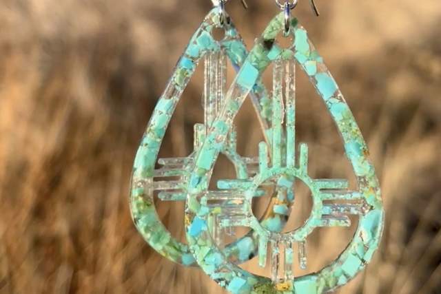 Crushed Turquoise Zia Southwest Teardrop Dangle Resin Earrings © With Sterling Silver French hooks