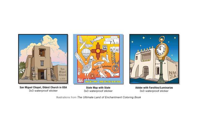 San Miguel Chapel illustration showing an adobe church labeled "Oldest Church in USA"; the second illustration is a whimsical New Mexico state map with Route 66 and local motifs; the third shows an adobe building with a clock tower and luminarias. Each image is labeled as a "3x3 waterproof sticker.