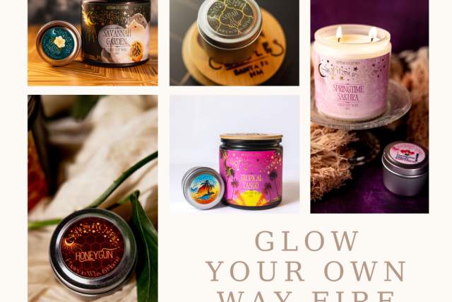Collage of six scented candles, each displayed with unique packaging. Central text reads 'GLOW YOUR OWN WAY FIRE FLIGHT'.