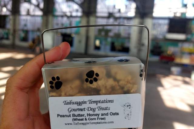 A hand holding a transparent box of "Tail Waggin' Temptations Gourmet Dog Treats" with Peanut Butter, Honey, and Oats flavor, in a spacious indoor setting with a high ceiling and visible steel beams.