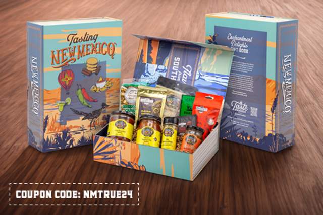 Two "Tasting New Mexico" gift boxes open on a wooden surface to display various local food products. One box is labeled "Northern Flavors," while the other is titled "Southern Savor." A coupon code "NMTRUE24" is displayed at the bottom.