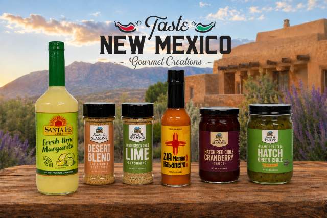 A display of various "Taste New Mexico" gourmet products with an adobe building and mountainous landscape in the background. Items include Santa Fe fresh lime margarita mix, Desert Blend seasoning, Lime seasoning, Zia Mesa habanero hot sauce, Hatch red chile cranberry sauce, and flame roasted Hatch green chile.