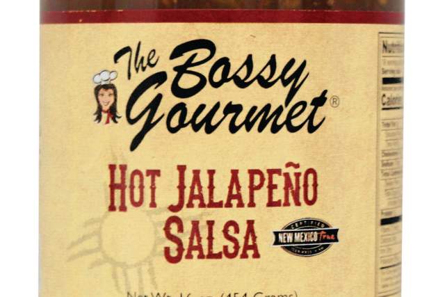 A jar of "The Bossy Gourmet Hot Jalapeno Salsa"