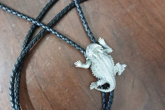 A decorative lizard figure is placed on a braided necklace, which has two silver connectors at one end. The setup rests on a wooden surface.