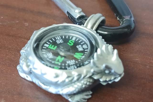 A close-up image of a decorative compass with a horned toad design on its metallic casing, attached to a black carabiner.