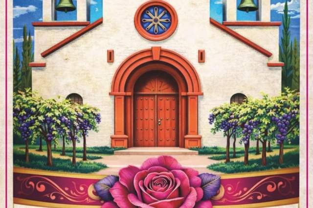 Label for Tularosa Vineyards wine, featuring an illustrated mission-style building with bells, surrounded by greenery and a blue sky. A prominent rose and decorative scrollwork adorn the bottom. Text reads: "Tularosa Vineyards, Mission 2025, Estate Grown, Produced and Bottled by Tularosa Vineyards.