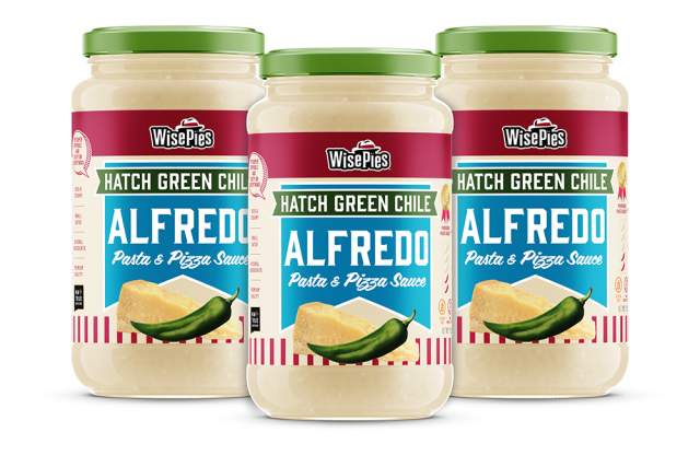 Three jars of WisePies Hatch Green Chile Alfredo Pasta & Pizza Sauce are displayed side by side. The labels prominently feature an image of green chile peppers and cheese.