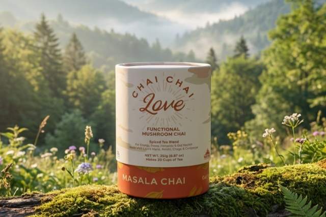 A canister of "Chai Chai Love" functional masala chai sits on a mossy log in a lush forest. Sunlight filters through trees in the background, creating a serene atmosphere.