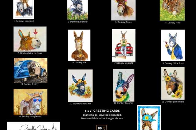 various colorful portraits of donkeys on a black background. Text reads 5x7" greeting cards, blank inside with envelope included. Includes an New Mexico True Certified logo.