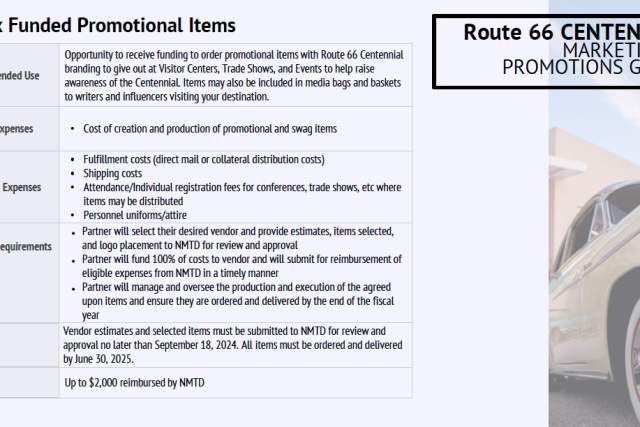 Overview of Route 66 Centennial promotional items funded by flex