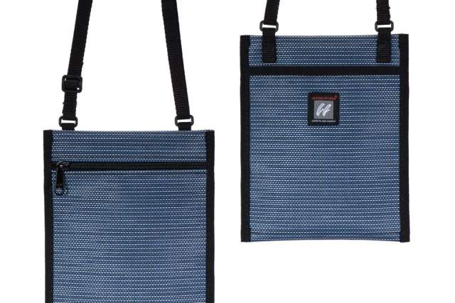 the front and back view of a small blue bag with black straps and a horizontal zipper on the front