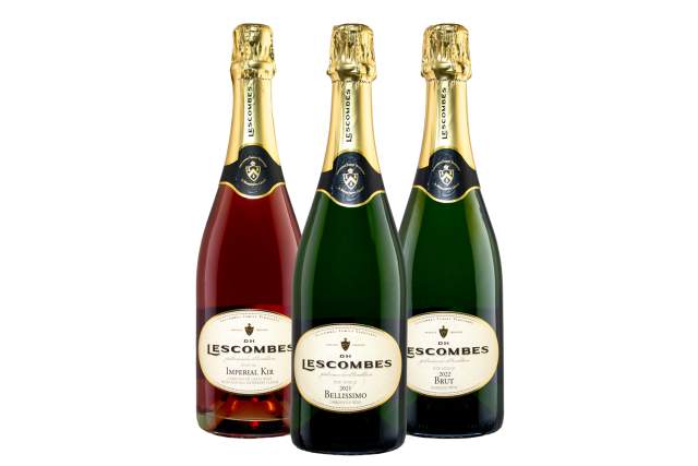 Three bottles of Lescombes sparkling wine, featuring Imperial Kir, Bellissimo, and Brut varieties, against a white background.