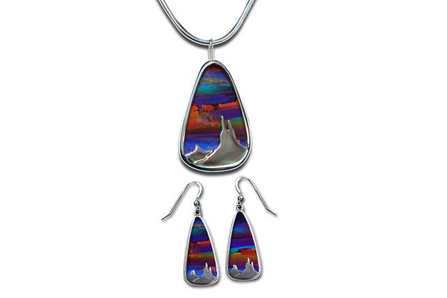 sterling silver earrings with a colorful stone landscape