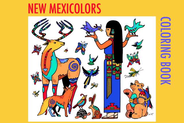 A colorful cover for a coloring book depicting an indigenous person interacting with many animals. Text reads New Mexicolors Coloring Book