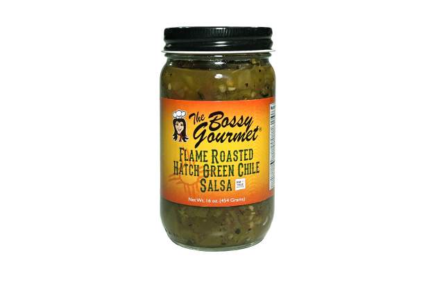 A jar of The Bossy Gourmet Flame Roasted Hatch-Green Chile Salsa against a white background.