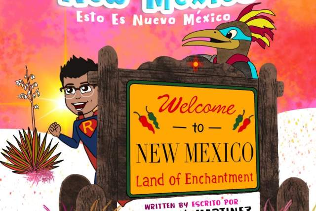 a colorful children's book cover with a man and a bird peeking from behind a Welcome to New Mexico Sign. The title reads in blue font "This is New Mexico (Esta Es Nuevo Mexico)