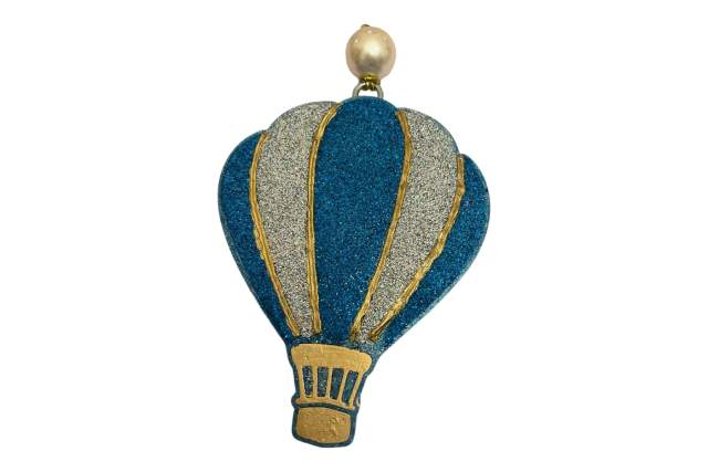 a felt gold, white and blue hot air balloon on a white background