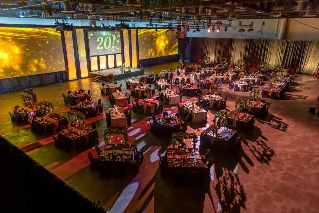 Tables set up for a large event at CHI Health Center Omaha.