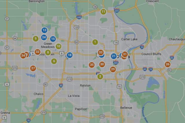 A map of Omaha denoting Omaha Restaurant Week participating locations