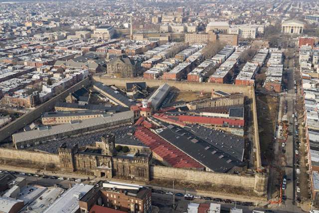 Aerial view of Eastern State Penitentiary in the middle of the city of Philadelphia