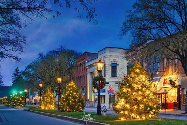 Downtown main street with Christmas trees and lights