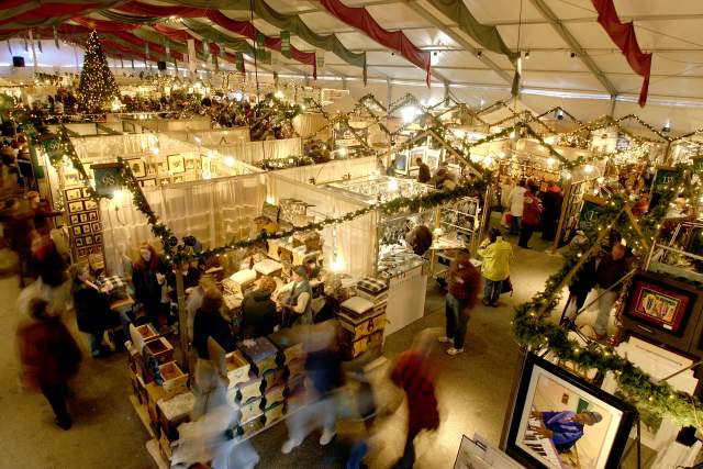 Aerial of people shopping at the indoor Christmas Market, Christkindlmarkt, in Bethlehem
