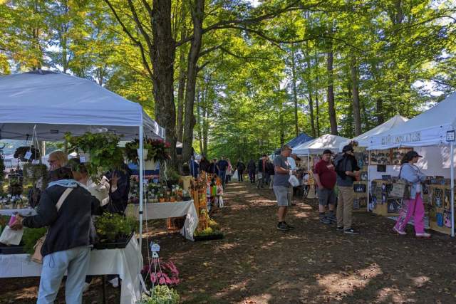 People at white tents purchasing goods from vendors at an outdoor fall festival